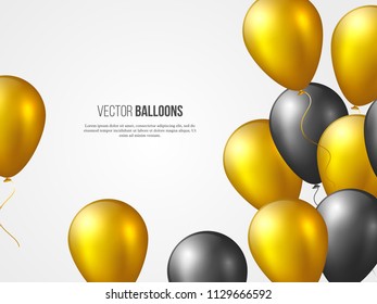 Flying 3D glossy balloons in golden and black colors. Decorative elements for party invitation design, holiday background with copy space. Vector illustration.