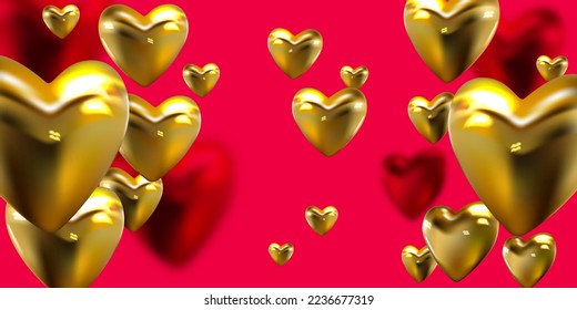 Flying 3D golden hearts. Holiday background for Valentine's day, Wedding, Mother's Day