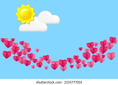 Flying 3d hearts in the blue sky. Blue sky, white clouds and voluminous red hearts. Holiday background for Valentine's day, Wedding, Mother's Day.