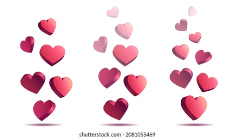 Flying 3d hearts set isolated on white background. Live video and likes. Social media concept. Vector illustration for your design.