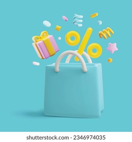 Caja de regalo rosa volando 3d con arco de cinta amarilla, confeti, por ciento. Bolsa de compras turquesa 3D. Gráfica de promoción de la venta de bonos vectoriales por volumen realista, presentan sorpresa.