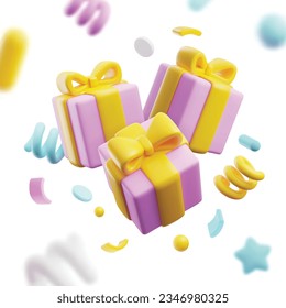 Flying 3d pink gift boxes with yellow ribbon bow. 3D render party confetti. Colorful blurred surprise firecracker elements. Realistic volume vector present holiday surprise, birthday celebration