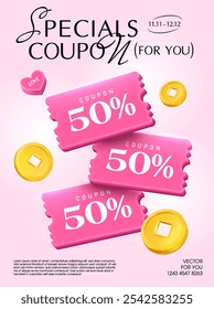 Flying 3d pink minimal coupons with coupon code, golden coins, percent price off, isolated on gradient background as a banner template. Discount voucher poster for promotion campaign. 3d vector coupon