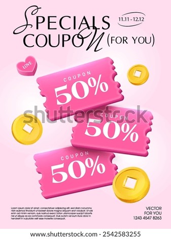 Flying 3d pink minimal coupons with coupon code, golden coins, percent price off, isolated on gradient background as a banner template. Discount voucher poster for promotion campaign. 3d vector coupon