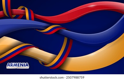 volando en forma 3D de azul rojo amarillo sobre fondo azul con envuelto en una larga bandera armenia. Día de la independencia de Armenia. Buena Plantilla para el Día Nacional de Armenia