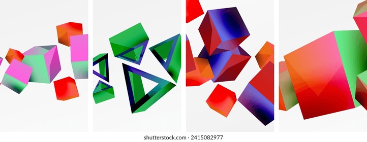 Flying 3d shapes, cubes and other geometric elements background design for wallpaper, business card, cover, poster, banner, brochure, header, website