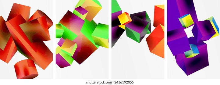 Flying 3d shapes, cubes and other geometric elements background design for wallpaper, business card, cover, poster, banner, brochure, header, website