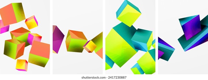 Flying 3d shapes, cubes and other geometric elements background design for wallpaper, business card, cover, poster, banner, brochure, header, website