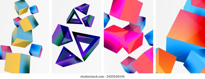Flying 3d shapes, cubes and other geometric elements background design for wallpaper, business card, cover, poster, banner, brochure, header, website