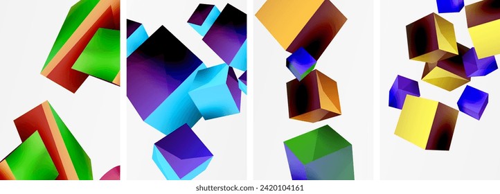 Flying 3d shapes, cubes and other geometric elements background design for wallpaper, business card, cover, poster, banner, brochure, header, website