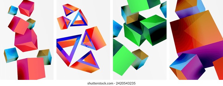 Flying 3d shapes, cubes and other geometric elements background design for wallpaper, business card, cover, poster, banner, brochure, header, website