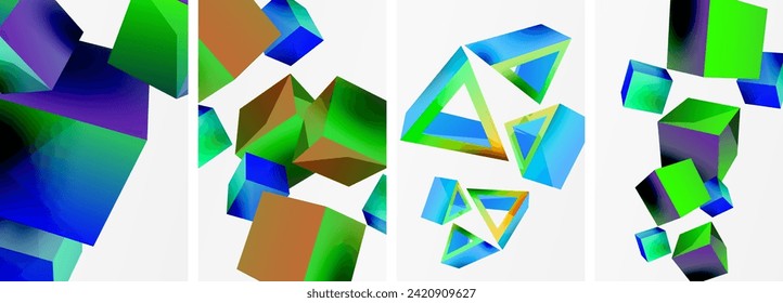 Flying 3d shapes, cubes and other geometric elements background design for wallpaper, business card, cover, poster, banner, brochure, header, website