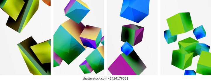 Flying 3d shapes, cubes and other geometric elements background design for wallpaper, business card, cover, poster, banner, brochure, header, website