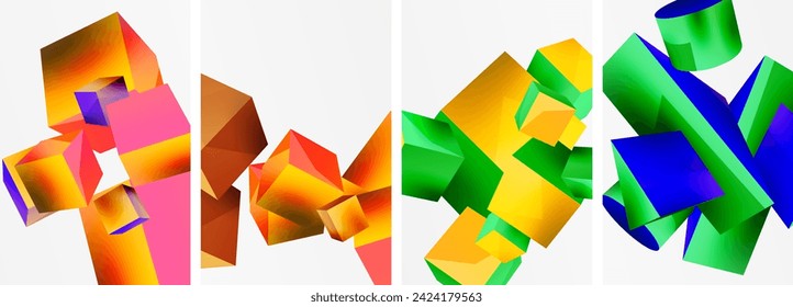 Flying 3d shapes, cubes and other geometric elements background design for wallpaper, business card, cover, poster, banner, brochure, header, website