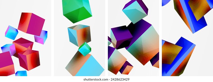 Flying 3d shapes, cubes and other geometric elements background design for wallpaper, business card, cover, poster, banner, brochure, header, website
