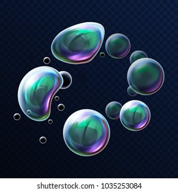 Flying 3d soap bubbles. Realistic glossy soapsuds deformation or water drops with reflection, shiny shampoo foam distorting, translucent spume, sleek fluid or liquid, froth spheres in explosion