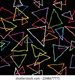 Flying abstract bright colorful triangles. Seamless decorative background illustration.