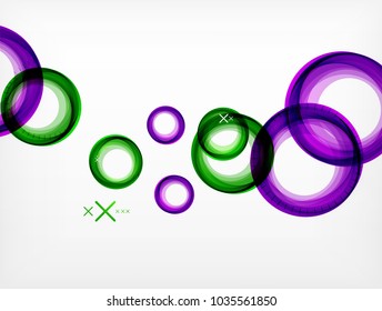 Volando círculos abstractos, fondo geométrico vectorial, burbujas de aire de color, plantilla de banner web, fondo o elementos de presentación de negocios o tecnología, ilustración vectorial