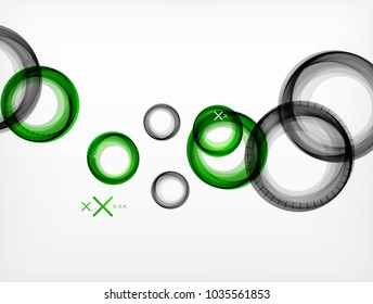 Volando círculos abstractos, fondo geométrico vectorial, burbujas de aire de color, plantilla de banner web, fondo o elementos de presentación de negocios o tecnología, ilustración vectorial