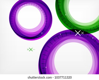 Volando círculos abstractos, fondo geométrico vectorial, burbujas de aire de color, plantilla de banner web, fondo o elementos de presentación de negocios o tecnología, ilustración vectorial