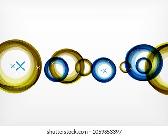Volando círculos abstractos, fondo geométrico vectorial, burbujas de aire de color, plantilla de banner web, fondo o elementos de presentación de negocios o tecnología, ilustración vectorial