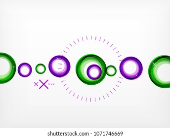 Volando círculos abstractos, fondo geométrico vectorial, burbujas de aire de color, plantilla de banner web, fondo o elementos de presentación de negocios o tecnología, ilustración vectorial
