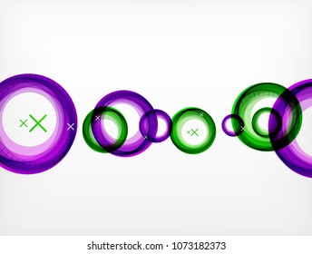 Volando círculos abstractos, fondo geométrico vectorial, burbujas de aire de color, plantilla de banner web, fondo o elementos de presentación de negocios o tecnología, ilustración vectorial