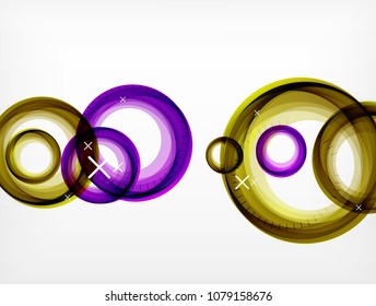 Volando círculos abstractos, fondo geométrico vectorial, burbujas de aire de color, plantilla de banner web, fondo o elementos de presentación de negocios o tecnología, ilustración vectorial