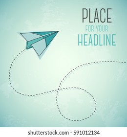 Flying abstract green paper plane on grungy background and place for your text. Vector illustration.