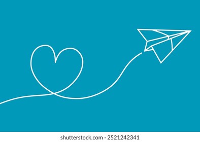 Flying abstract paper plane and heart shape on blue background - vector illustration