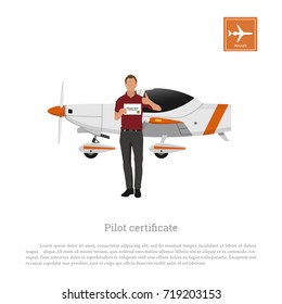 Flying academy. Aviator and airplane on a white background. Training aircraft. Man with a pilot's certificate. Vector illustration
