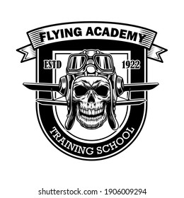 Flying academy badge design. Monochrome element with skull in pilot helmet, plane wings vector illustration with text. Pilot training school concept for labels and emblems templates