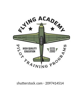 Flying akamy Icon mit Armee Vintage Flugzeug. Logo der Pilotenschule, Programm des Trainingszentrums für historische Flugzeuge Vektorsymbol mit dem alten Propellerflugzeug des Militärs, Kampfflugzeug