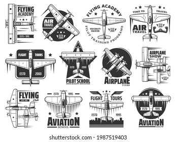 Flying academy or pilot school icons set. Air travel, airplane show and aviation courses training program emblem or badge. Historical biplane and monoplane, retro propeller airplanes vector