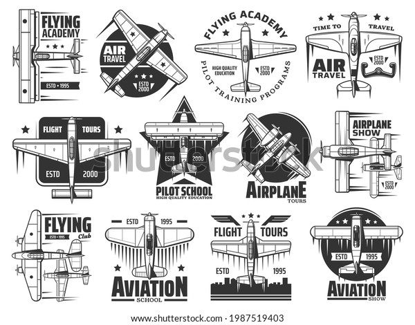 Flying academy or pilot school icons set. Air\
travel, airplane show and aviation courses training program emblem\
or badge. Historical biplane and monoplane, retro propeller\
airplanes vector