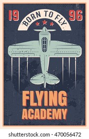 Flying academy retro style poster of blue airplane with propeller on black textural background vector illustration 