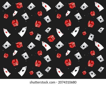 Flying Ace Cards With Red Realistic Dices Decorated On Black Background.