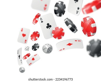 Flying aces and chips. Realistic gambling elements, 3d cards, different suits gamble aces and red and black casino game tokens, jackpot composition isolated, utter vector concept