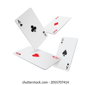 Flying aces playing cards isolated four poker game objects  realistic 3D gambling games symbols set  Vector clubs   spaces  hearts   diamonds casino poker card  black   red suits