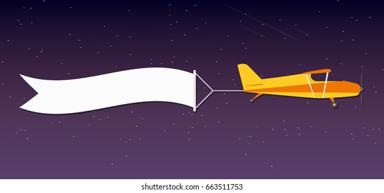 Flying advertising banner. Plane with horizontal banner in night outer space background. Vector