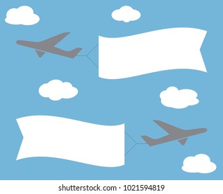 Flying advertising banner. Planes with horizontal banners on blue sky background. Vector image.