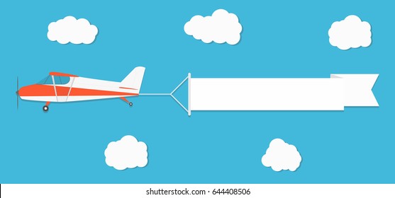 Flying advertising banner. Planes with horizontal banners on blue sky background. Vector