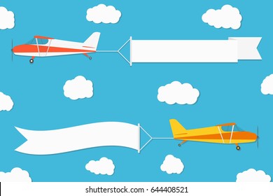 Flying advertising banner. Planes with horizontal banners on blue sky background. Vector