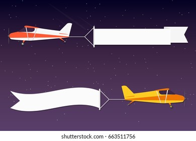 Flying advertising banner. Planes with horizontal banners in night outer space background. Vector