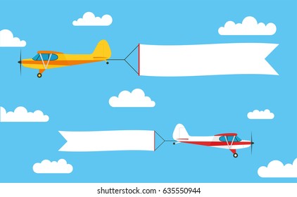 Flying advertising banner, pulled by light aircraft with - stock vector.