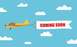 Flying Advertising Banner, Pulled Out By Light Aircraft With The Inscription "COMING SOON" - Stock Vector.