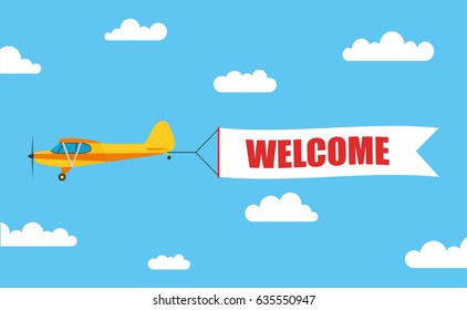 Flying advertising banner, pulled out by light aircraft with the inscription "WELCOME" - stock vector.