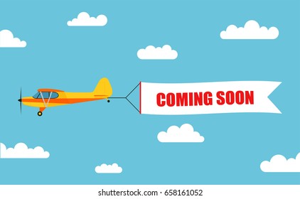 Flying advertising banner, pulled out by light aircraft with the inscription "COMING SOON" - stock vector.