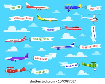 Flying advertising banner. Sky planes banners airplane flight helicopter ribbon template text advertisement message vector background