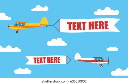 Flying advertising banners, pulled by a light aircraft with your inscription "TEXT HERE" - stock vector.